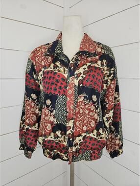 Vintage Fuda International large burgundy cream & navy mixed print silk jacket
